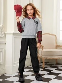 SHEIN Bộ hai mảnh Gái Tương phản ren Túi Lá thư Sẵn sàng - Nhiều màu - Xem 2