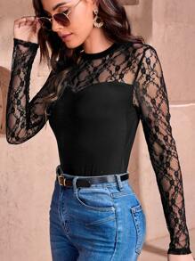 SHEIN Body panel con encaje ajustado - Negro - Ver 3