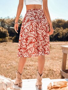 高腰熱帶圖案前打結半身裙 - 彩色 - 查看 2