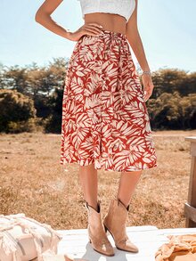 高腰熱帶圖案前打結半身裙 - 彩色 - 查看 3