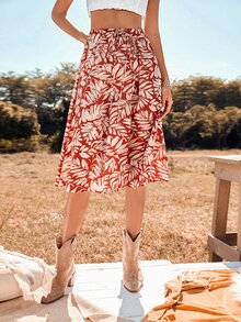 高腰熱帶圖案前打結半身裙 - 彩色 - 查看 5