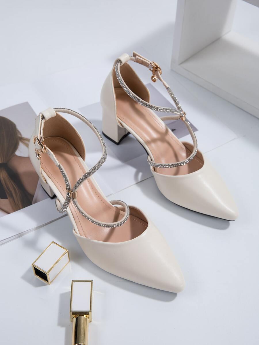 水鑽裝飾粗跟踝帶高跟鞋 - 米色 - 查看 1