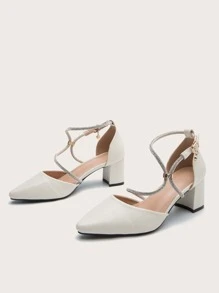 水鑽裝飾粗跟踝帶高跟鞋 - 米色 - 查看 2