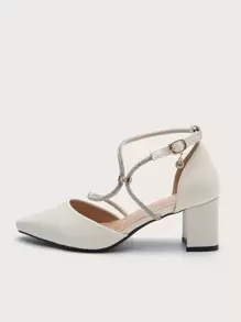 水鑽裝飾粗跟踝帶高跟鞋 - 米色 - 查看 3