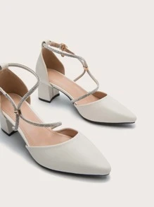 水鑽裝飾粗跟踝帶高跟鞋 - 米色 - 查看 4