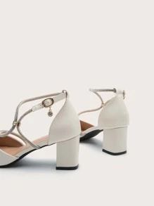 水鑽裝飾粗跟踝帶高跟鞋 - 米色 - 查看 5