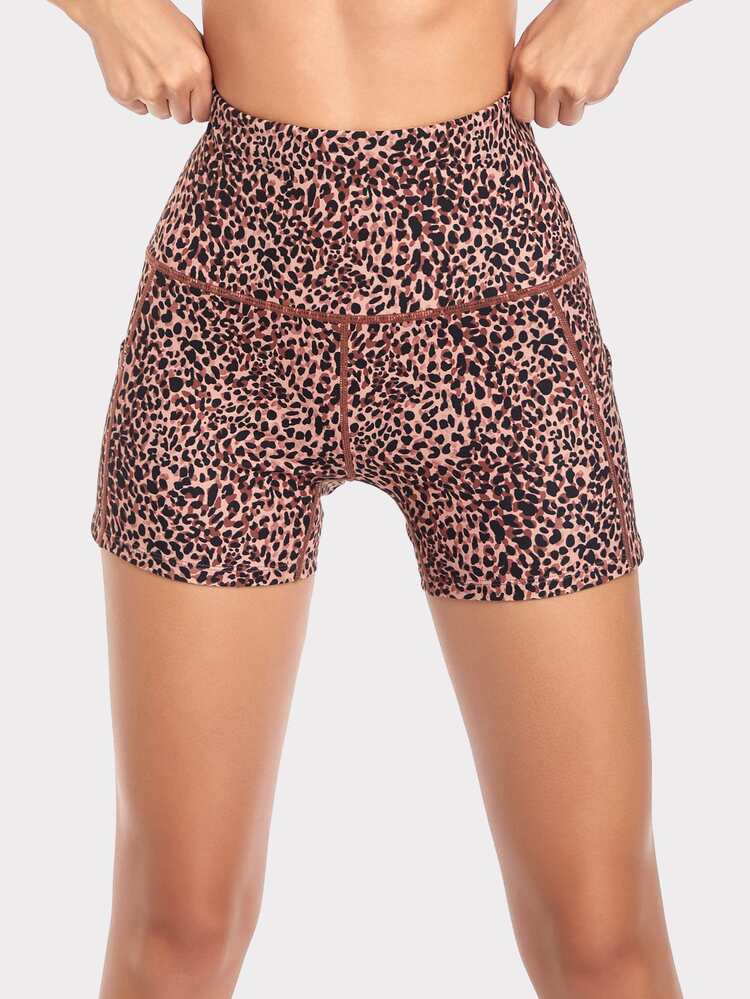 VUTRU Shorts deportivos de tiro alto con bolsillos y estampado de leopardo para mujeres - Multicolor - Añade 3