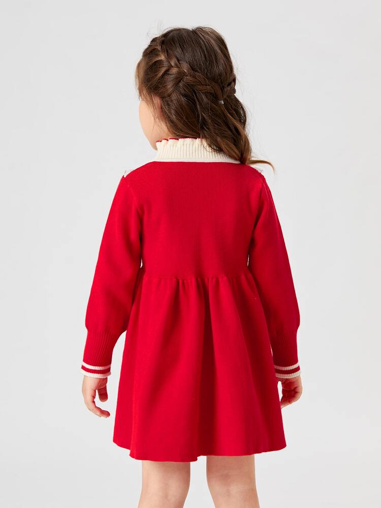 Niñas Vestido de punto de cuello alto panel con encaje - Rojo - Añade 2
