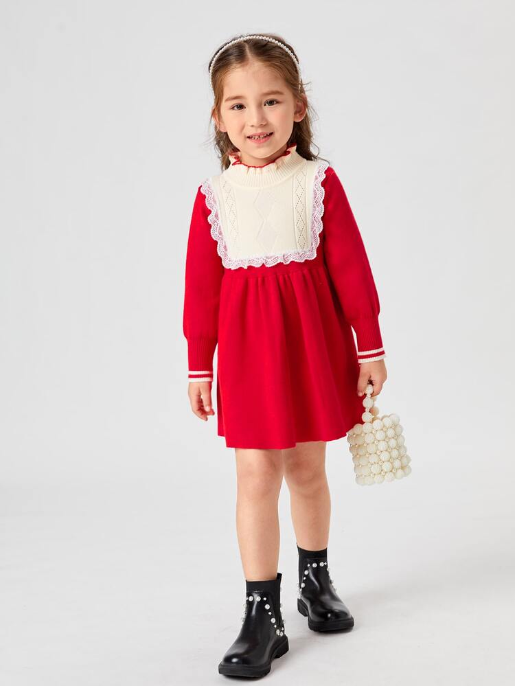 Niñas Vestido de punto de cuello alto panel con encaje - Rojo - Añade 3
