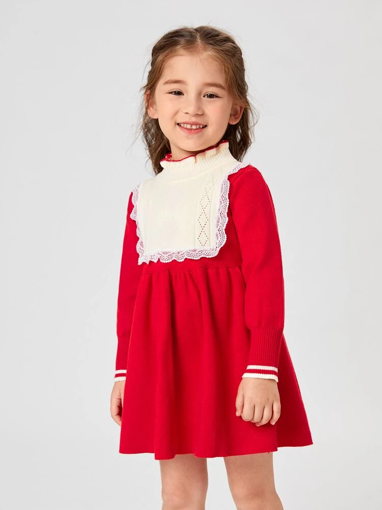 Niñas Vestido de punto de cuello alto panel con encaje - Rojo - Añade 4