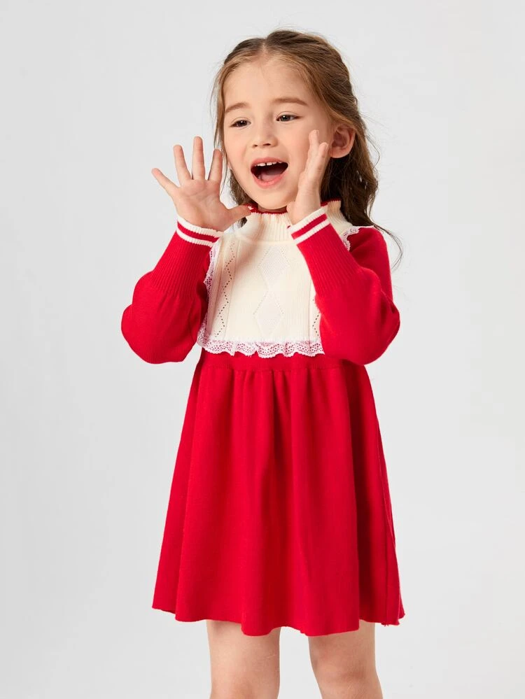 Niñas Vestido de punto de cuello alto panel con encaje - Rojo - Añade 6