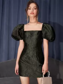 SHEIN 提花方領泡泡袖洋裝 - 軍綠色 - 查看 1