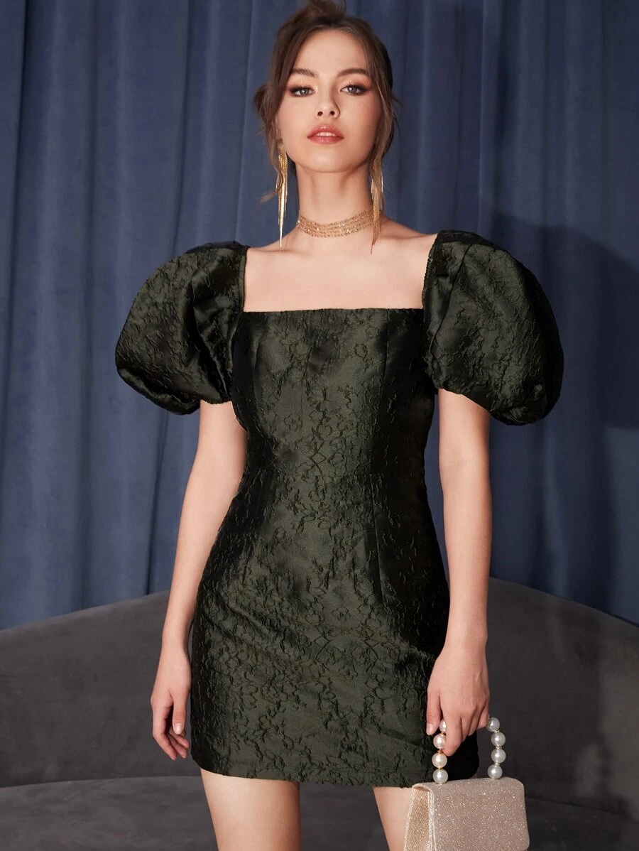 SHEIN 提花方領泡泡袖洋裝 - 軍綠色 - 查看 1