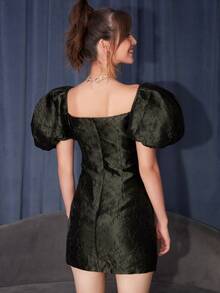 SHEIN 提花方領泡泡袖洋裝 - 軍綠色 - 查看 2