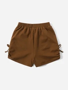 SHEIN Girls Ruched Detail Track Shorts - Brown - View 2