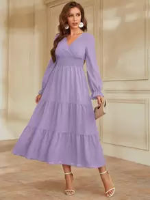 Modelyn Flounce Sleeve Shirred Waist Ruffle Hem Dress - Purple - View 1