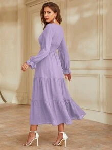 Modelyn Flounce Sleeve Shirred Waist Ruffle Hem Dress - Purple - View 2