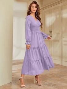 Modelyn Flounce Sleeve Shirred Waist Ruffle Hem Dress - Purple - View 3