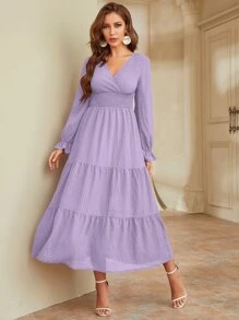 Modelyn Flounce Sleeve Shirred Waist Ruffle Hem Dress - Purple - View 5