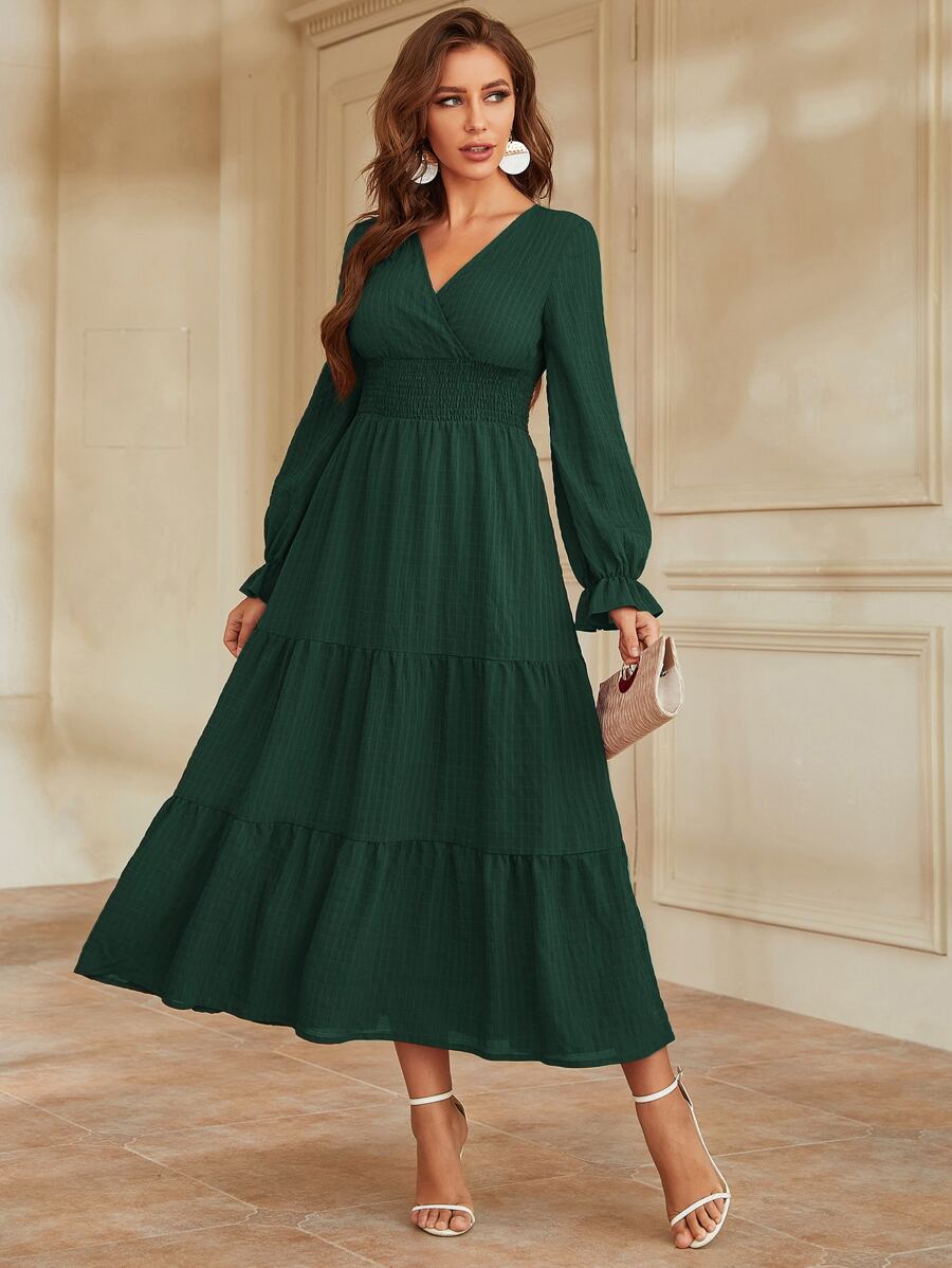 Modelyn Flounce Sleeve Shirred Waist Ruffle Hem Dress - Dark Green - View 1