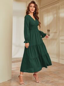 Modelyn Flounce Sleeve Shirred Waist Ruffle Hem Dress - Dark Green - View 3