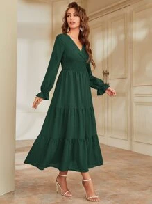 Modelyn Flounce Sleeve Shirred Waist Ruffle Hem Dress - Dark Green - View 4