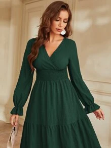 Modelyn Flounce Sleeve Shirred Waist Ruffle Hem Dress - Dark Green - View 5