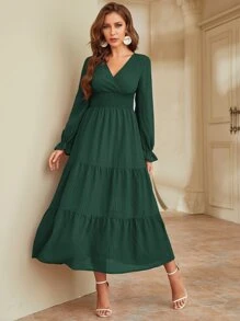 Modelyn Flounce Sleeve Shirred Waist Ruffle Hem Dress - Dark Green - View 6