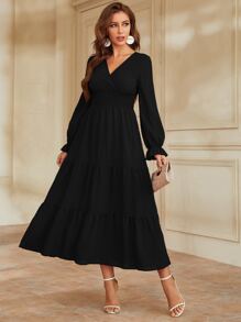 Modelyn Flounce Sleeve Shirred Waist Ruffle Hem Dress - Black - View 1