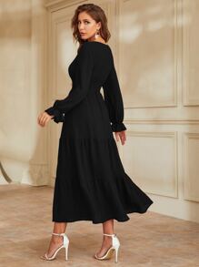 Modelyn Flounce Sleeve Shirred Waist Ruffle Hem Dress - Black - View 2