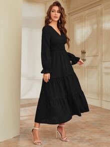 Modelyn Flounce Sleeve Shirred Waist Ruffle Hem Dress - Black - View 3