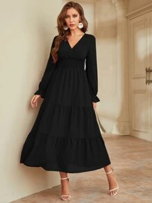 Modelyn Flounce Sleeve Shirred Waist Ruffle Hem Dress - Black - View 4