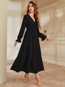 Modelyn Flounce Sleeve Shirred Waist Ruffle Hem Dress - Black - View 5