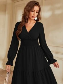 Modelyn Flounce Sleeve Shirred Waist Ruffle Hem Dress - Black - View 6