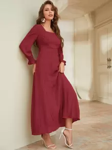 Modelyn Burgundy Red Flounce Sleeve Square Neck Shirred Dress - Burgundy - View 1