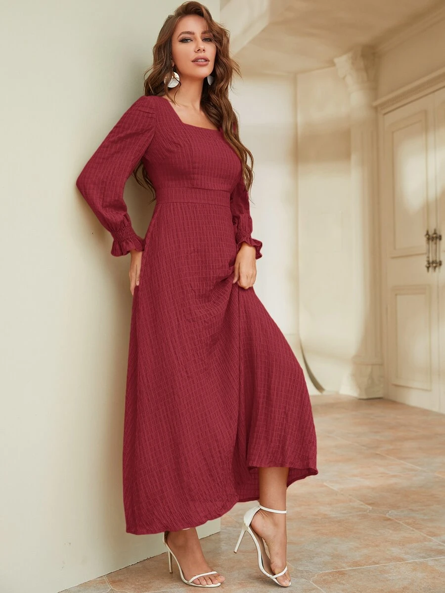 Modelyn Burgundy Red Flounce Sleeve Square Neck Shirred Dress - Burgundy - View 1