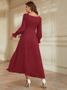 Modelyn Burgundy Red Flounce Sleeve Square Neck Shirred Dress - Burgundy - View 2