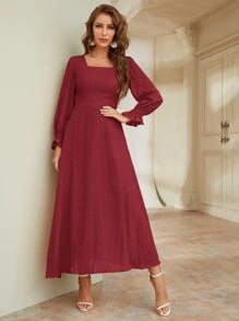 Modelyn Burgundy Red Flounce Sleeve Square Neck Shirred Dress - Burgundy - View 3