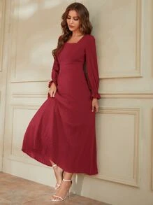 Modelyn Burgundy Red Flounce Sleeve Square Neck Shirred Dress - Burgundy - View 4
