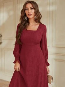 Modelyn Burgundy Red Flounce Sleeve Square Neck Shirred Dress - Burgundy - View 5