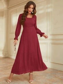 Modelyn Burgundy Red Flounce Sleeve Square Neck Shirred Dress - Burgundy - View 6