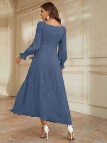 Modelyn Flounce Sleeve Square Neck Shirred Dress - Blue - View 2