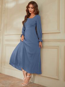 Modelyn Flounce Sleeve Square Neck Shirred Dress - Blue - View 3