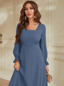 Modelyn Flounce Sleeve Square Neck Shirred Dress - Blue - View 4