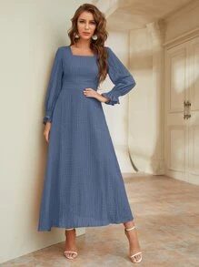 Modelyn Flounce Sleeve Square Neck Shirred Dress - Blue - View 5