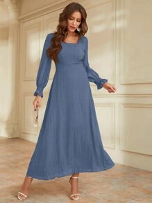 Modelyn Flounce Sleeve Square Neck Shirred Dress - Blue - View 6