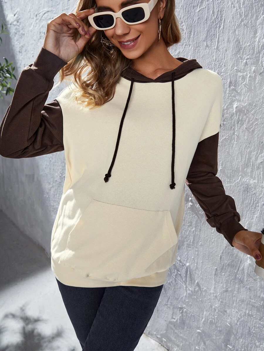 SHEIN Maternity Pouch Pocket Two Tone Drawstring Hoodie - Multicolor - View 1