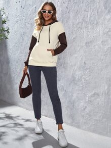 SHEIN Maternity Pouch Pocket Two Tone Drawstring Hoodie - Multicolor - View 3