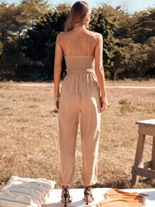 SHEIN Unity Shirred Cami Jumpsuit Without Belt - Camel - View 2