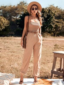 SHEIN Unity Shirred Cami Jumpsuit Without Belt - Camel - View 4
